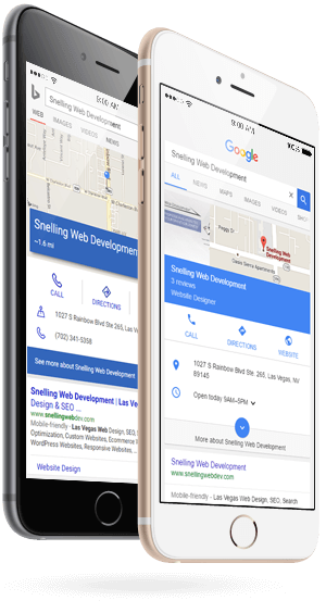 Bing and Google showing mobile-friendly search results for a small business on mobile phones