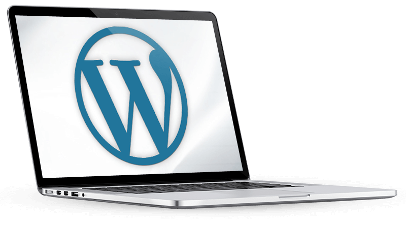 WordPress logo on a responsive laptop display
